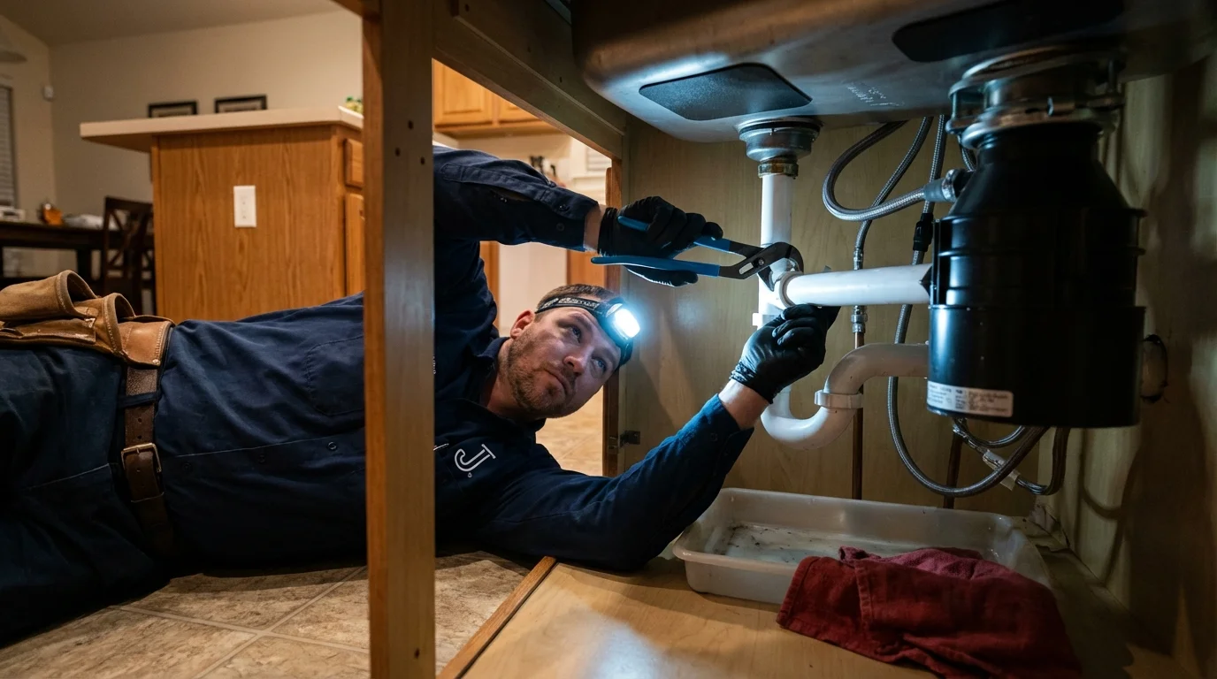 P-trap and supply line connections under a kitchen sink showing a common leak point in Altamonte Springs, FL